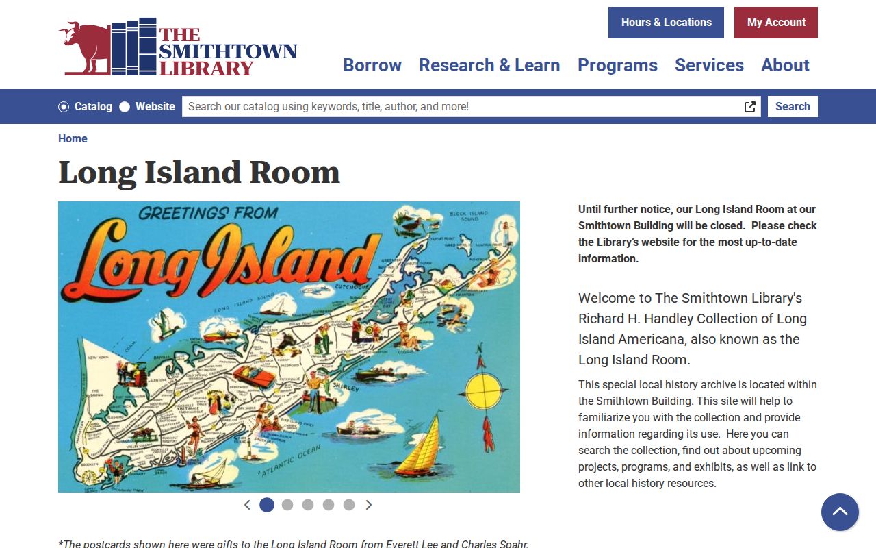 Smithtown residents directory view of the Library Long Island Room access page