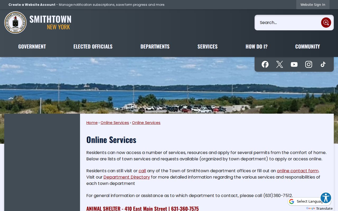Smithtown residents directory view of the Town online-services gateway